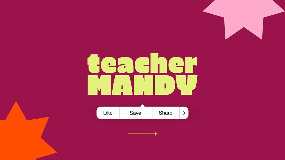 Logotipo de teacher MANDY en amarillo limón sobre fondo bordó, con estrellas rosa y naranja